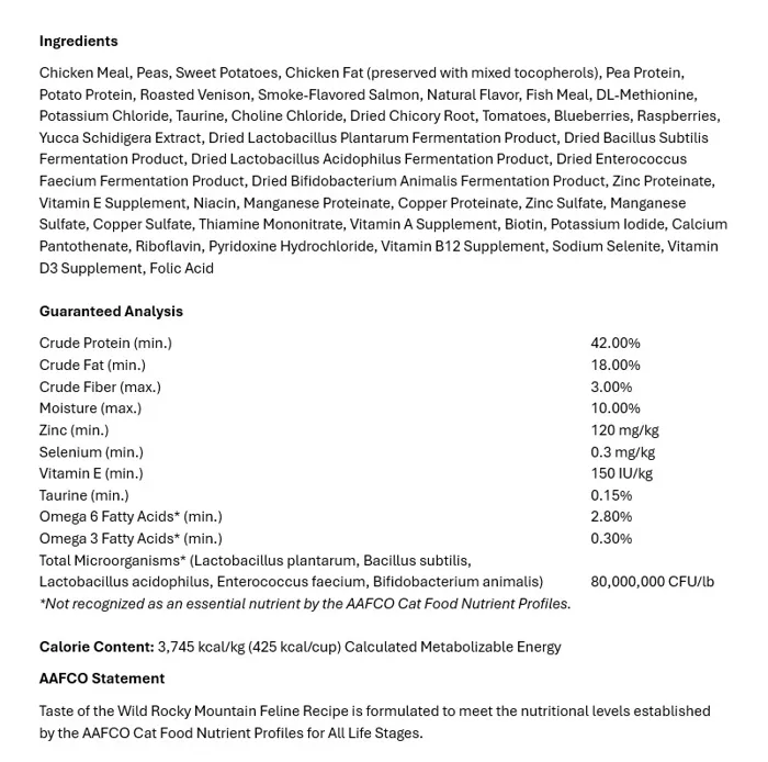 Taste of the Wild Rocky Mountain Feline ingredients label