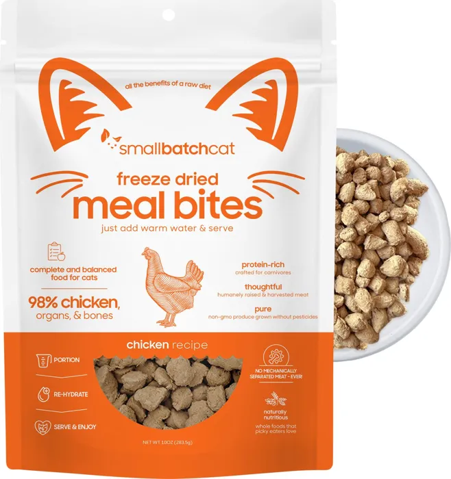 Smallbatch Chicken Meal Bites cat food 10 oz with contents