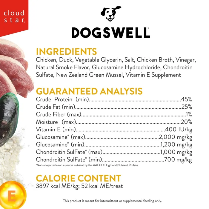 Dogswell Hip & Joint Duck Jerky ingredients label