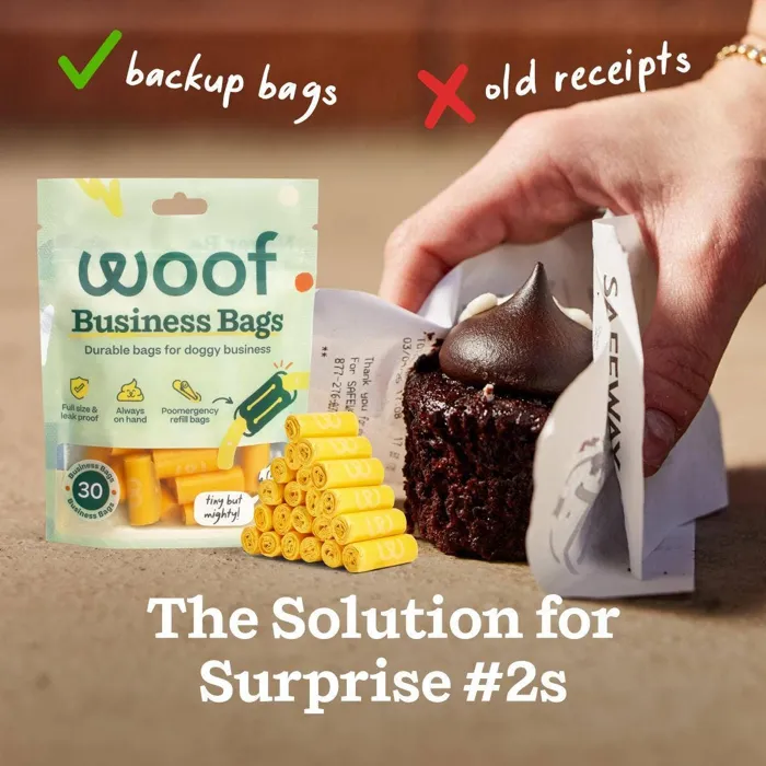 Woof Business Bags 30-count backup bags feature
