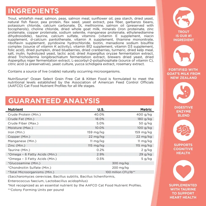 NutriSource Ocean Select Cat food ingredients label