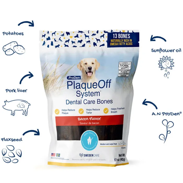 ProDen PlaqueOff Dental Care Bones Bacon ingredients package