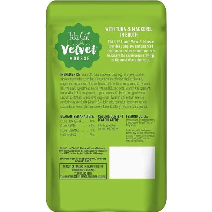 Tiki Cat Velvet Mousse Tuna & Mackerel 2.8 oz back pouch