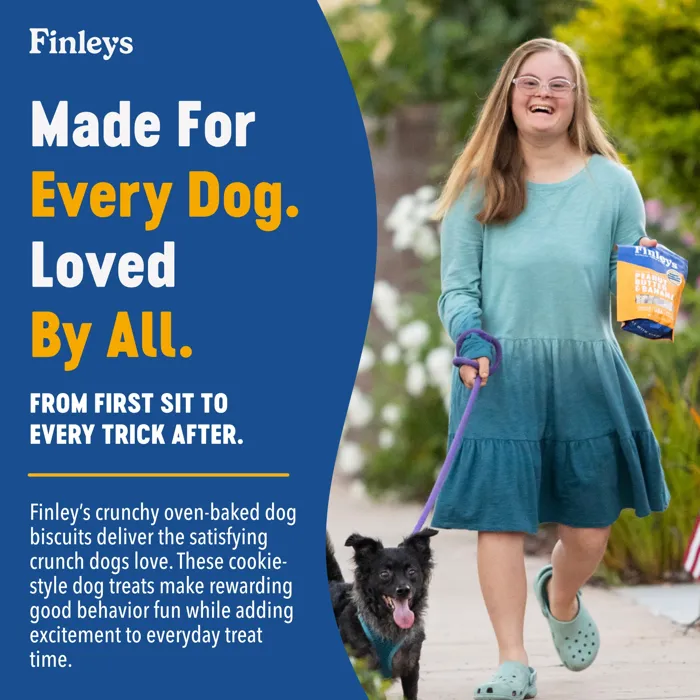 Finley's Peanut Butter & Banana biscuits 12 oz with woman and dog