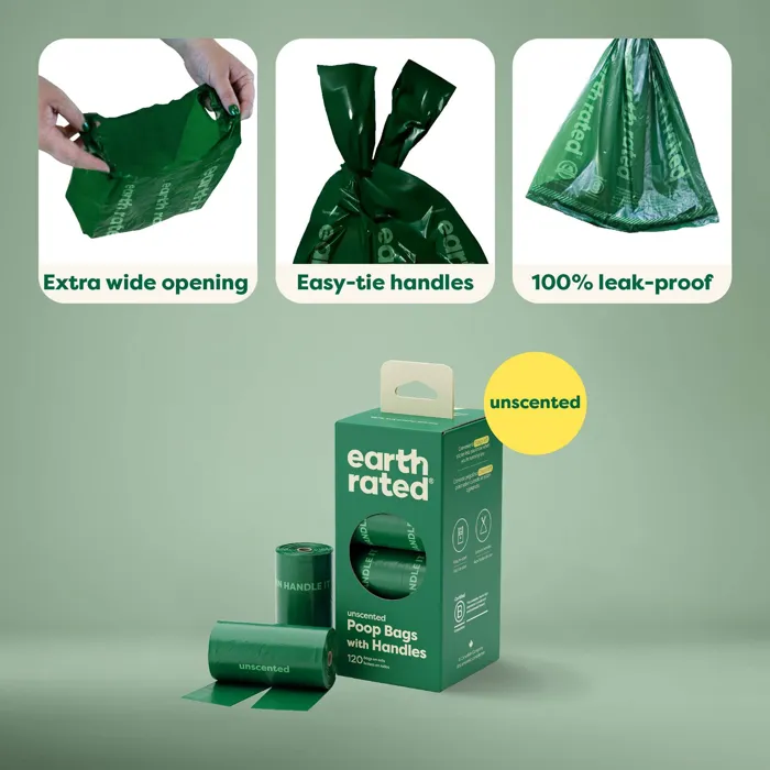 Earth Rated unscented handle poop bags packaging and roll