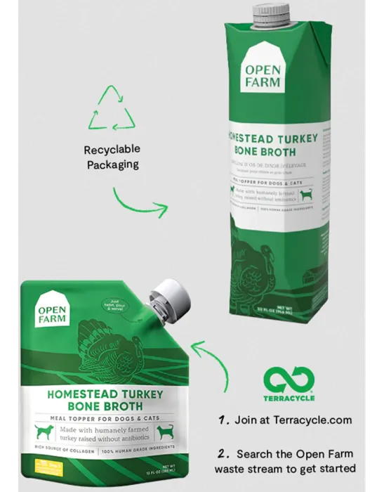 Open Farm Homestead Turkey Bone Broth 32 oz recyclable packaging