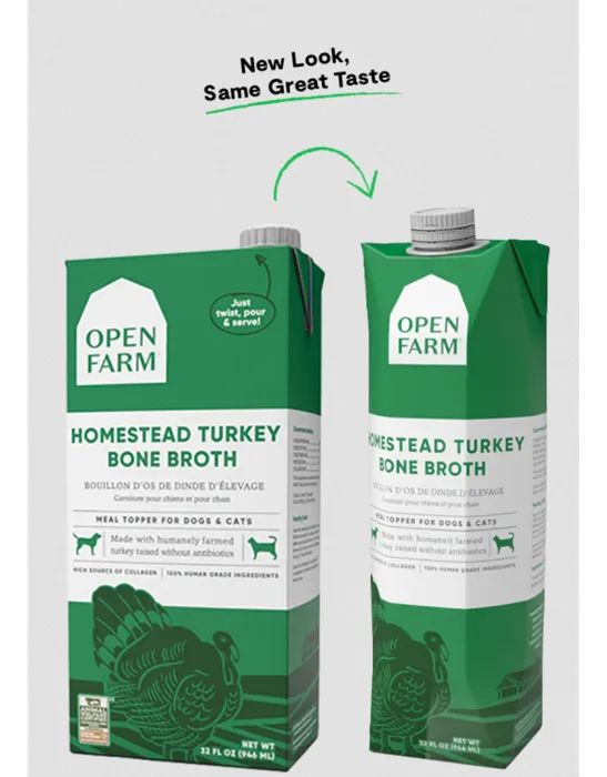 Open Farm Homestead Turkey Bone Broth 32 oz package comparison